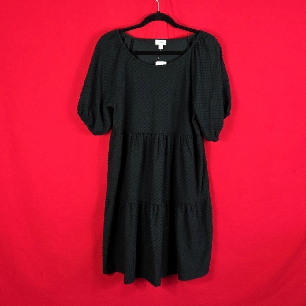 NEW‎ J CREW Clip-dot dress Black Womens Size Medium Puff Sleeves Tiered